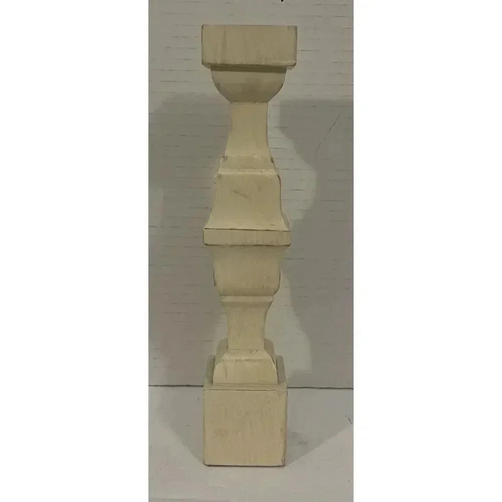 Vintage Wooden Square Taper Candleholder Cream Distressed 9”H x 1 3/4”‎